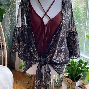 Floral Black floral ruffle sleeves Women's sheer Top